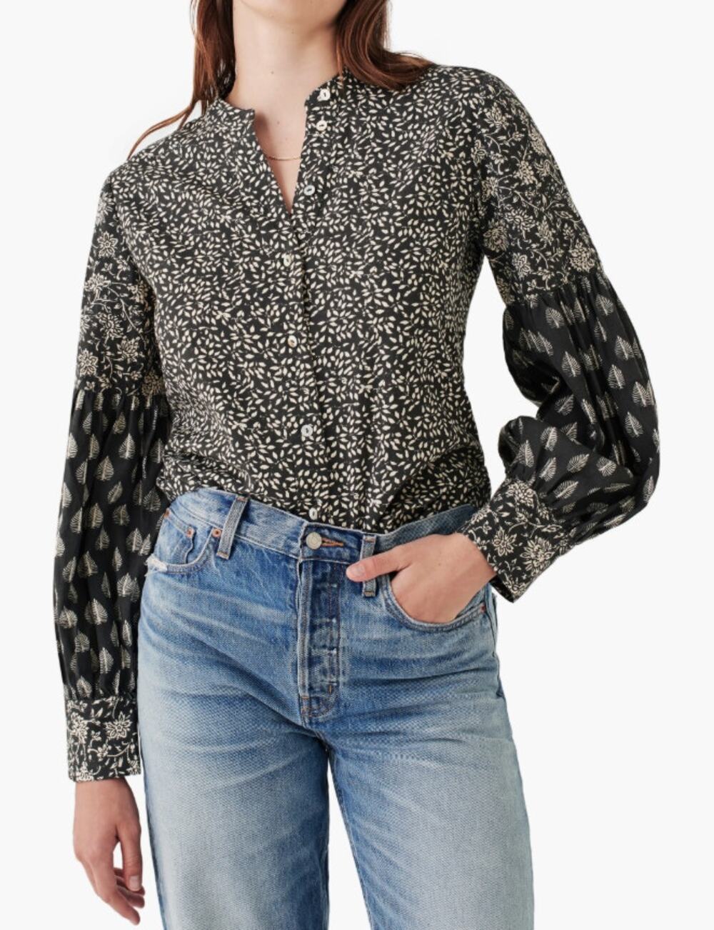 Faherty Adalyn Gray Cream Leaf Print Button Down Blouse Boho Fairy Women Medium